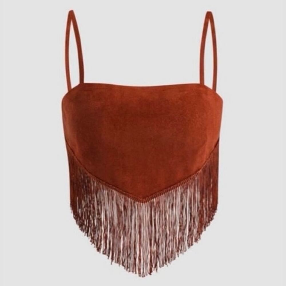 Cider Brown Fringe Tassel Crop Cami Western Festival Tank Top Small